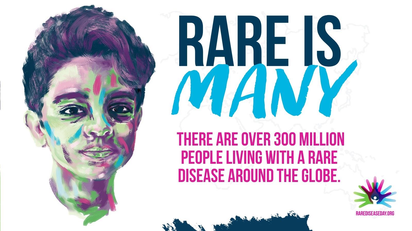 Boy's face with Rare Disease Day logo and key fact