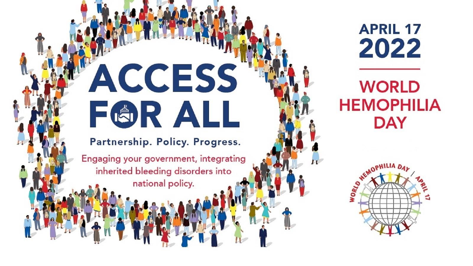Graphic of people standing in speech bubble around words "Access For All" with dates for World Haemophilia Day